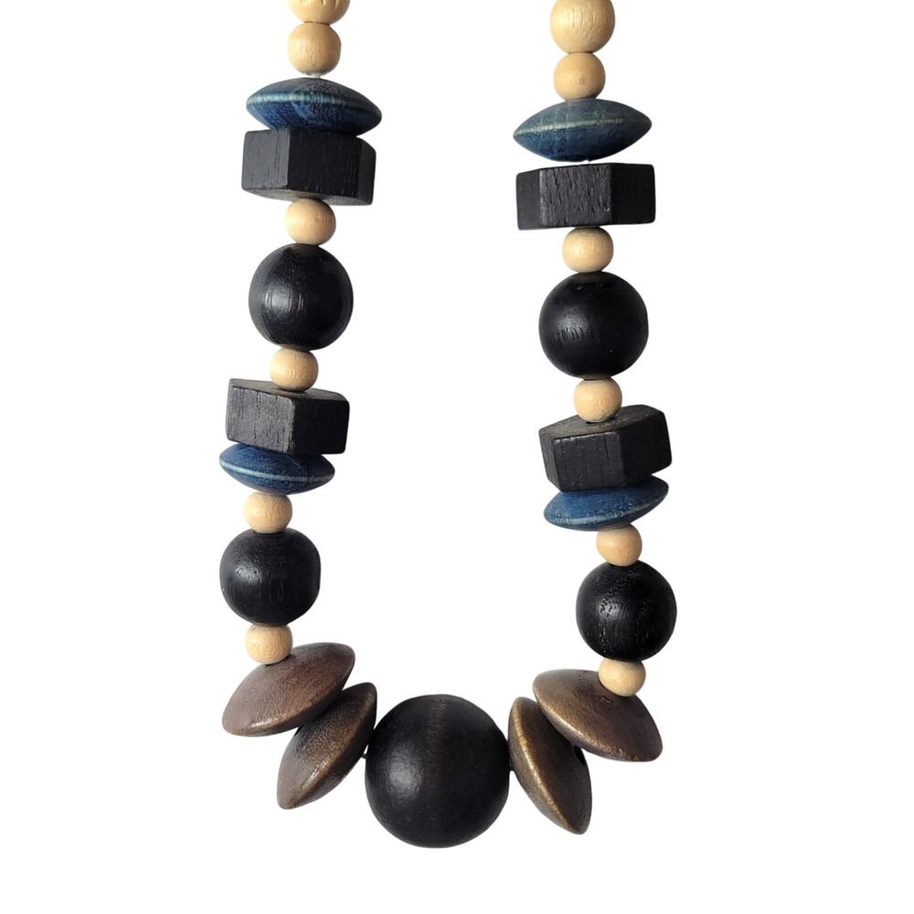 Vintage Wooden Beaded Necklace 25" Boho Style Natural Wood
